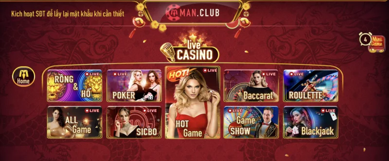 Sảnh live casino Manclub với nhiều tựa game hấp dẫn